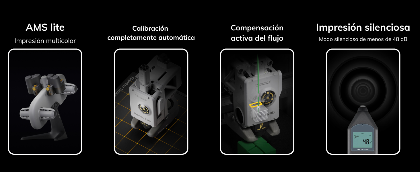 La A1 Mini incluye calibración totalmente automática, eliminando los ajustes manuales con nivelación de cama, calibración de vibración y tensión de correa automatizadas. Su sistema CoreXY permite alcanzar velocidades de hasta 500 mm/s sin sacrificar precisión, mientras que su compatibilidad con el sistema AMS Lite facilita la impresión multicolor con cambios de filamento automáticos. 